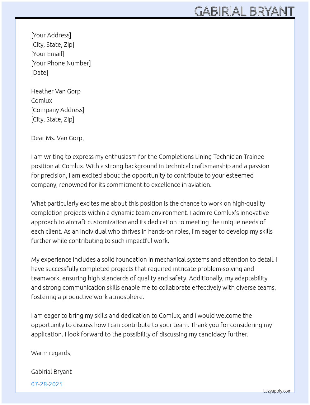 Completions Lining Technician Trainee At Comlux Cover Letter