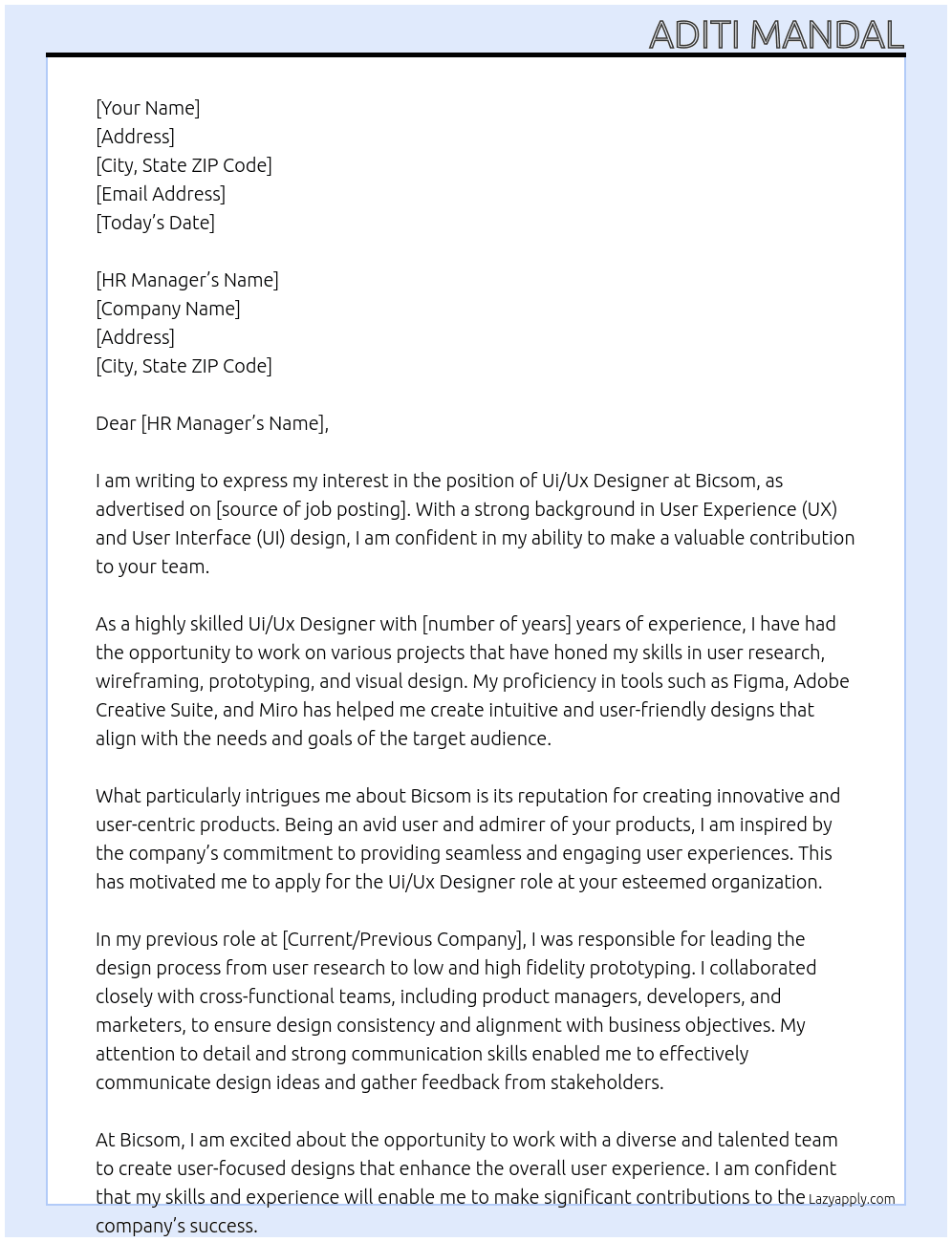 Ui/Ux Designer  At Bicsom Cover Letter