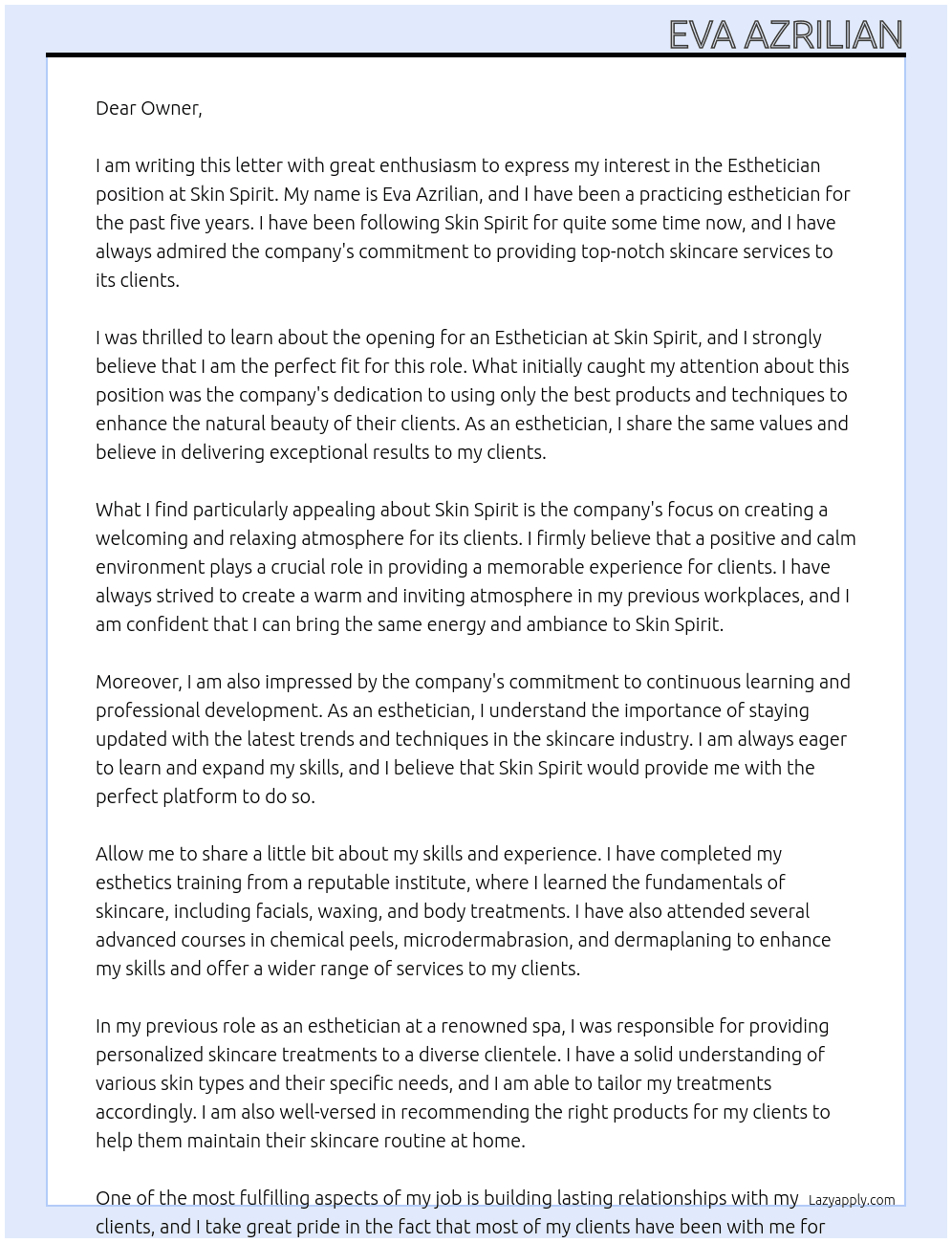 Esthetician  At Skin spirit  Cover Letter