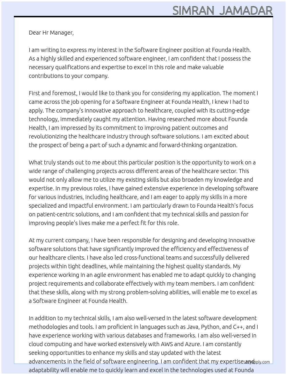 Software Engineer At Founda Health Cover Letter