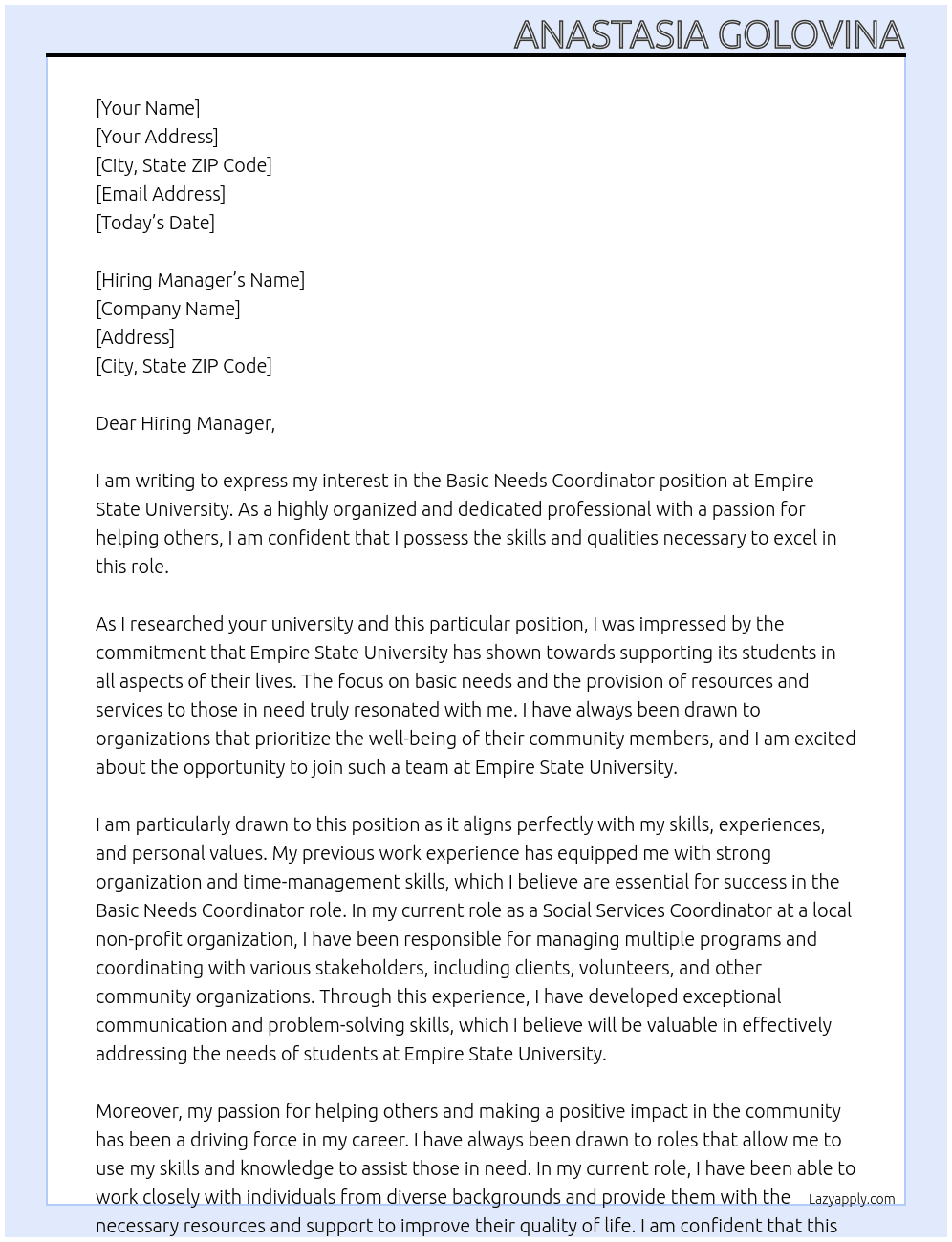 Basic Needs Coordinator At Empire State University Cover Letter
