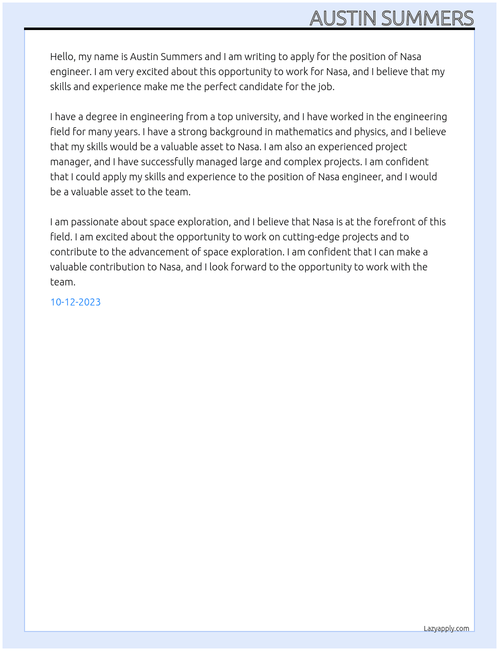 Nasa engineer  At Nasa Cover Letter