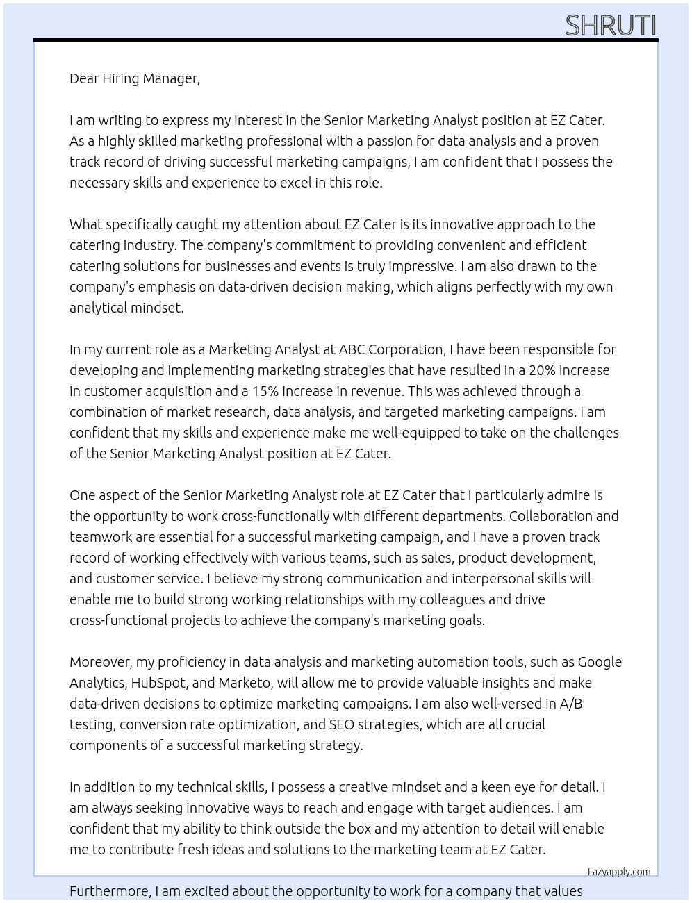 Senior marketing analyst At ez cater Cover Letter
