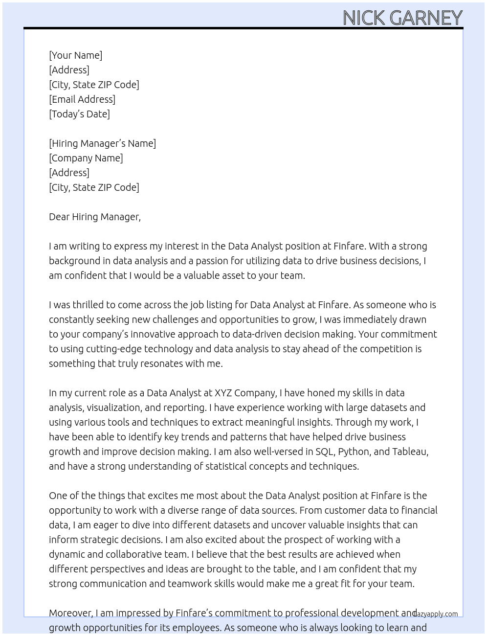 Data Analyst At Finfare Cover Letter