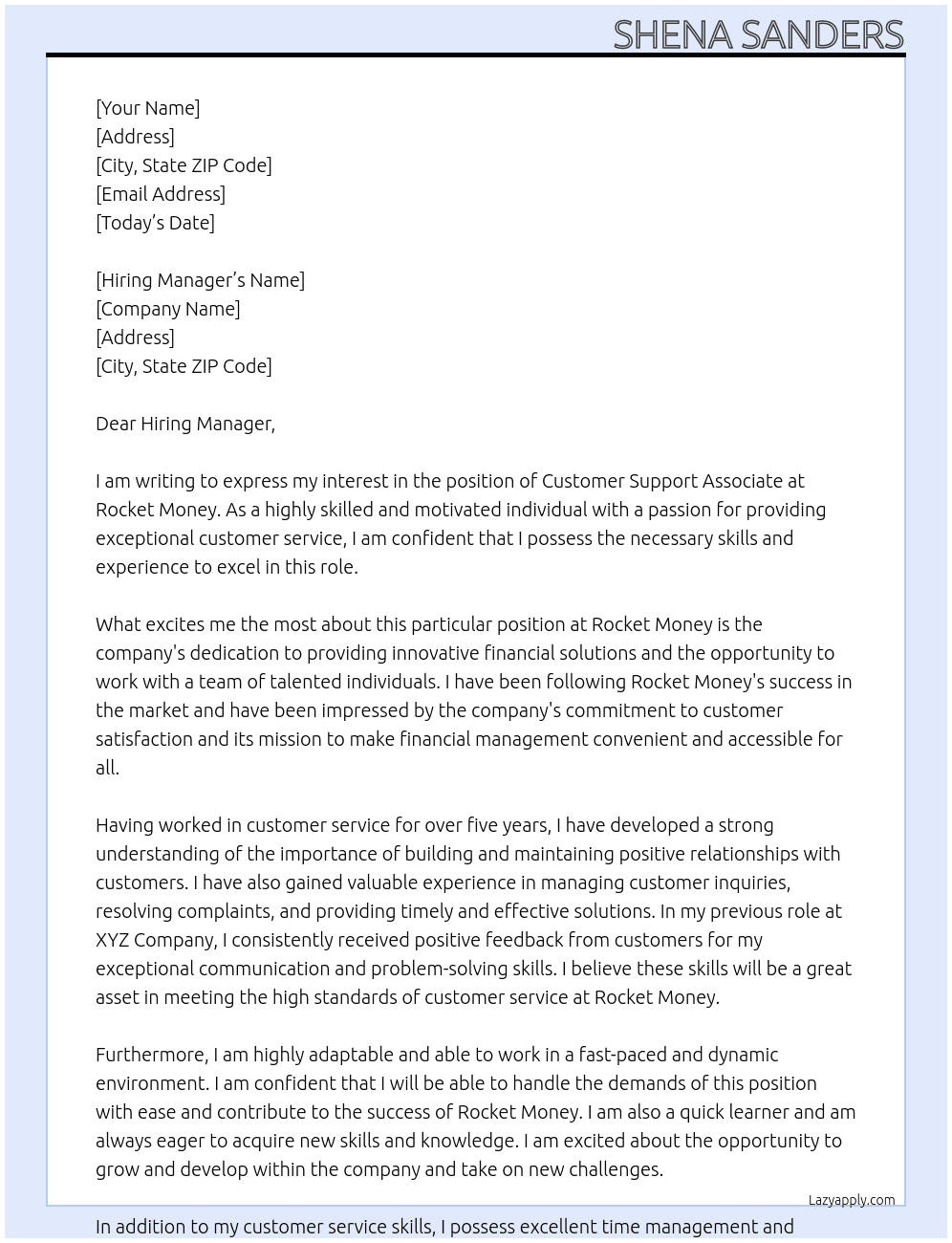 Customer Support Associate At Rocket Money Cover Letter