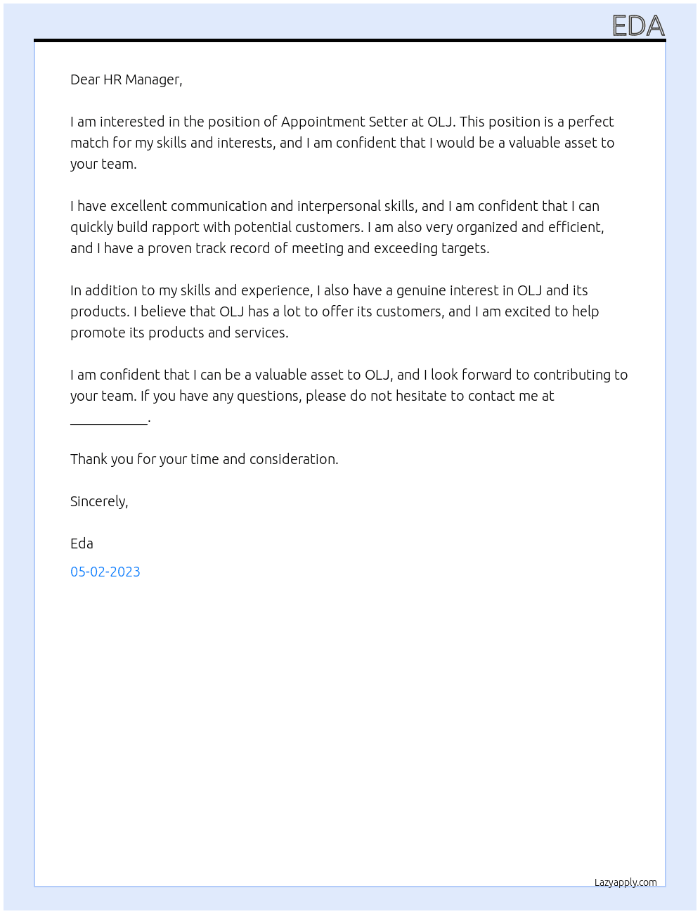 Appointment Setter At OLJ Cover Letter