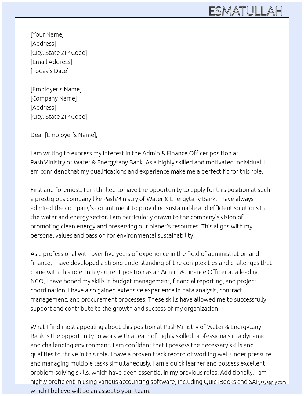 Admin & Finance officer At PashMinistry of Water & Energytany Bank Cover Letter