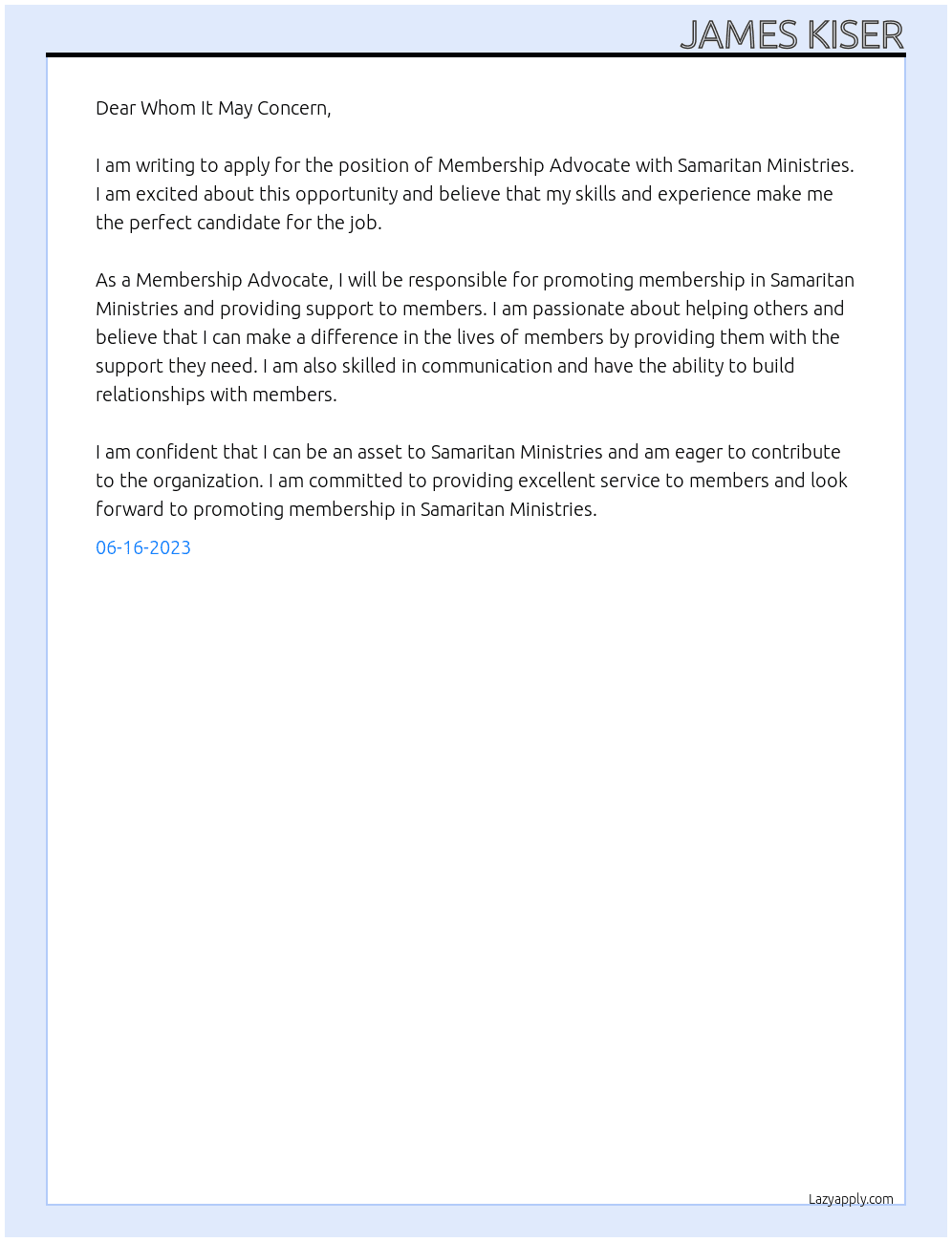 Membership Advocate At Samaritan Ministries Cover Letter