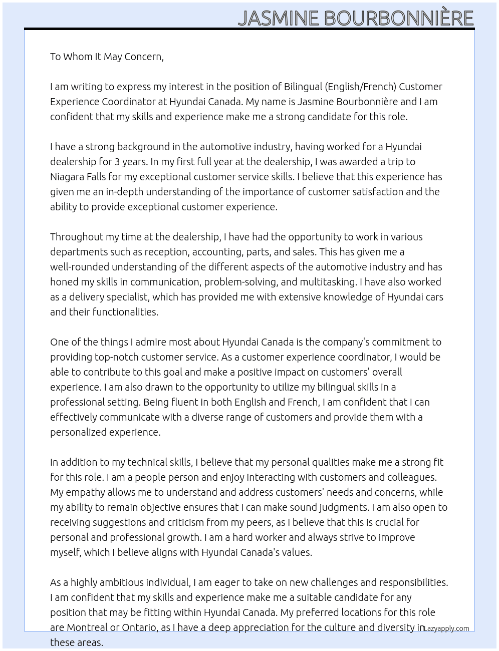 Bilingual (English/French) Customer Experience Coordinator At Hyundai Canada Cover Letter