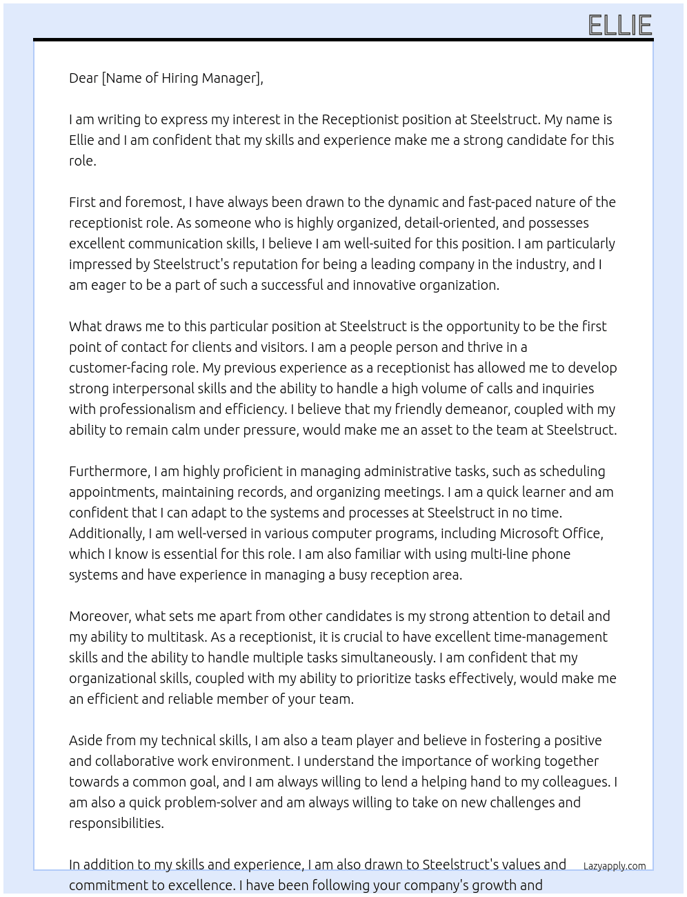 Receptionist  At Steelstruct Cover Letter