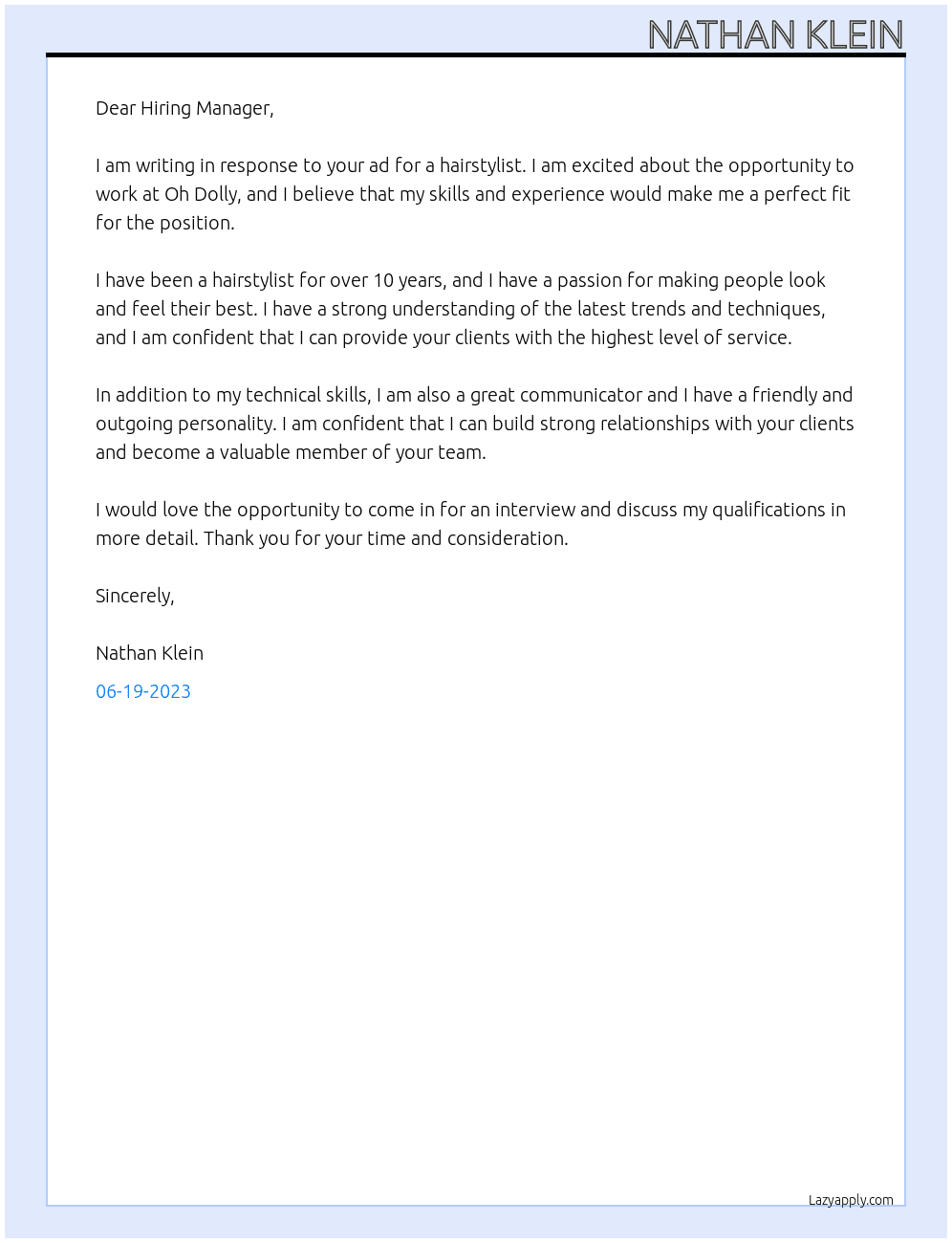 hairstylist  At Oh Dolly Cover Letter