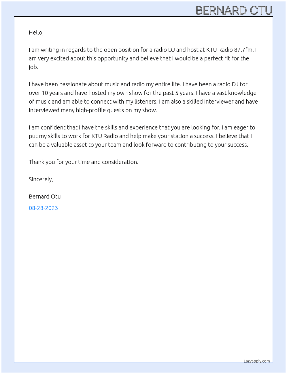 Radio Dj And Host At KTU Radio 87.7fm Cover Letter