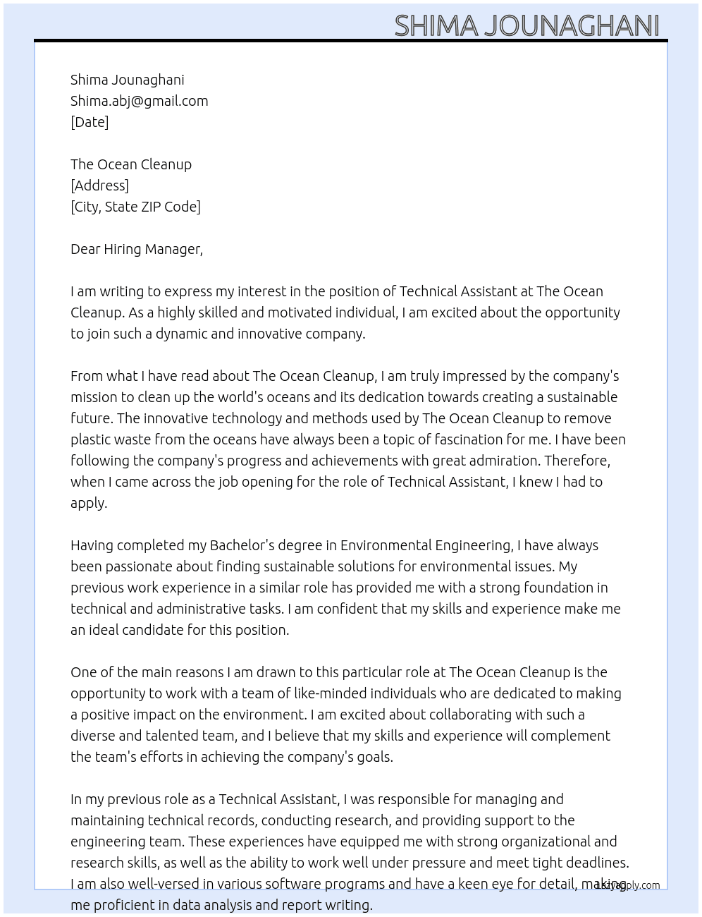 Technical Assistant  At The Ocean Cleanup Cover Letter