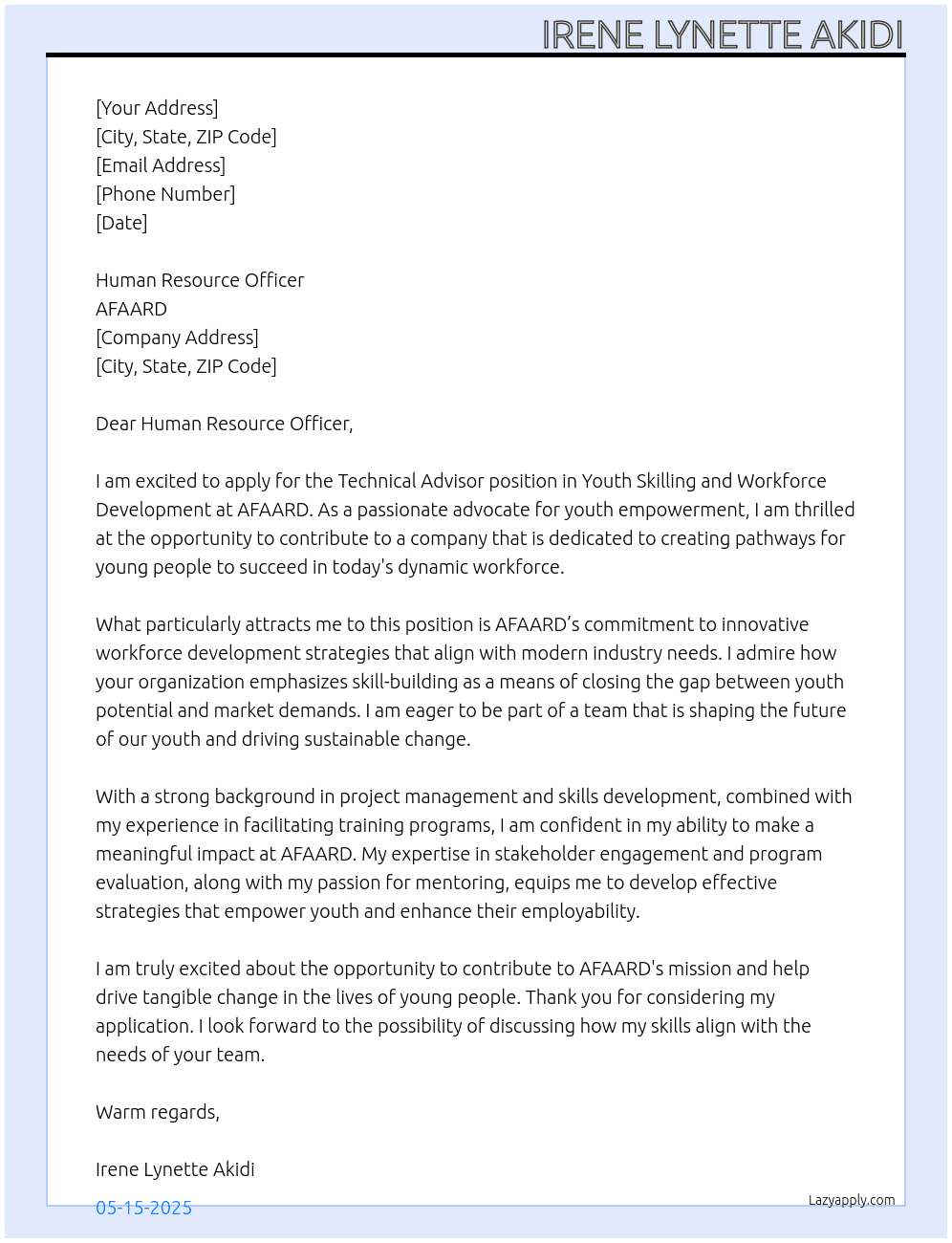 Technical Advisor, Youth Skiilling and Workforce Development At AFAARD Cover Letter