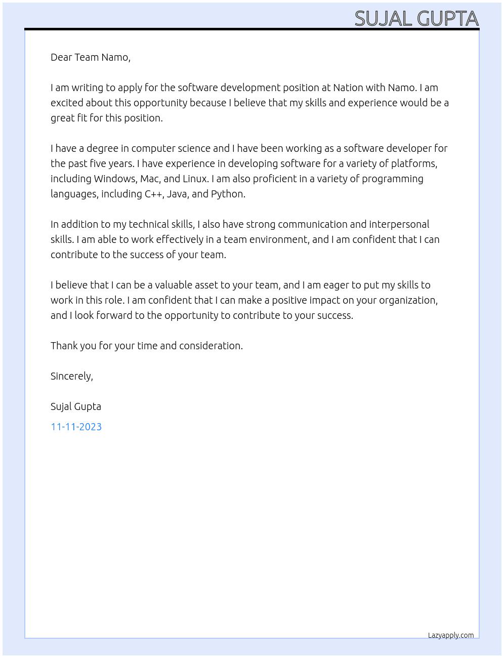 software development At Nation with Namo Cover Letter