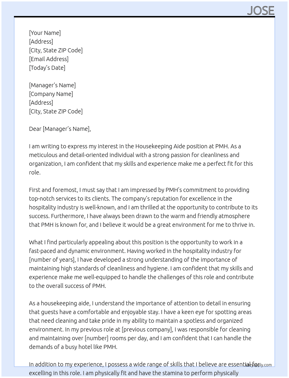 housekeeping aide At PMH Cover Letter