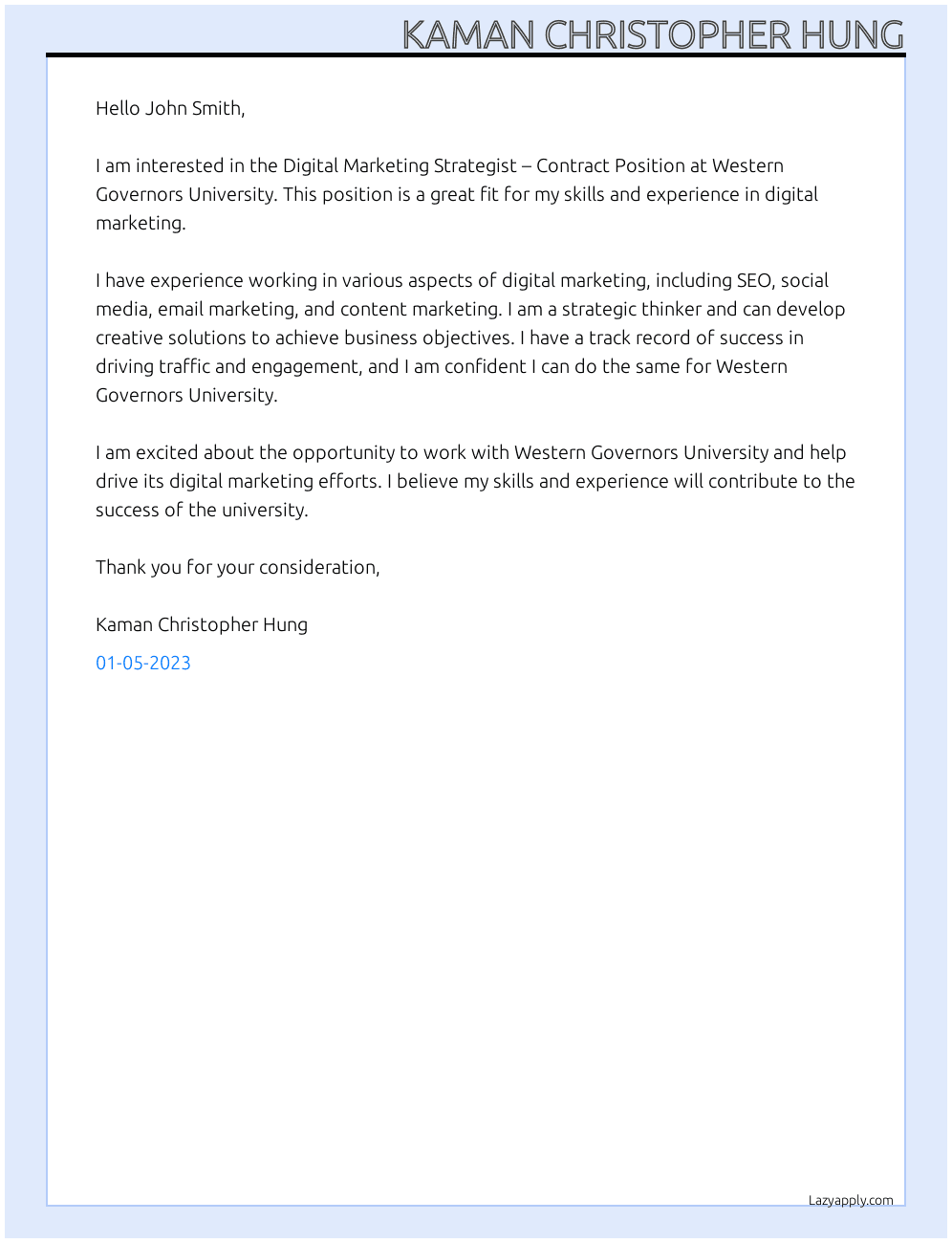 Digital Marketing Strategist – Contract Position At Western Govornors University Cover Letter