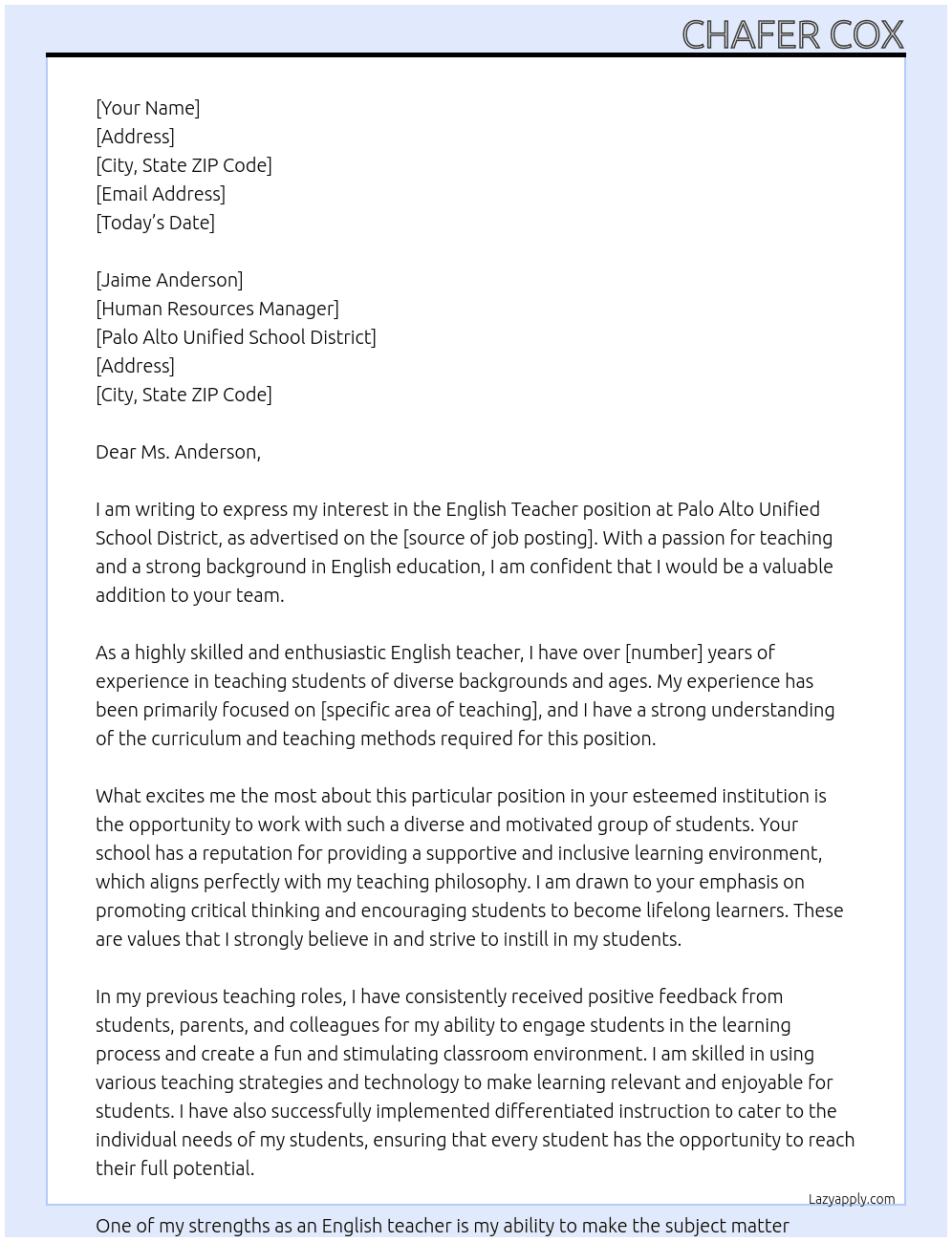 English Teacher At Palo Alto Unified School District Cover Letter