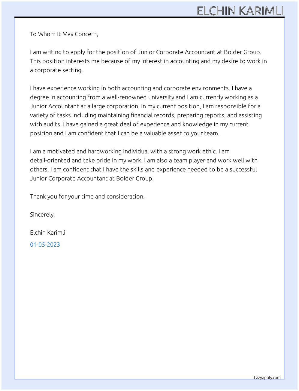 Junior Corporate Accountant At Bolder Group Cover Letter
