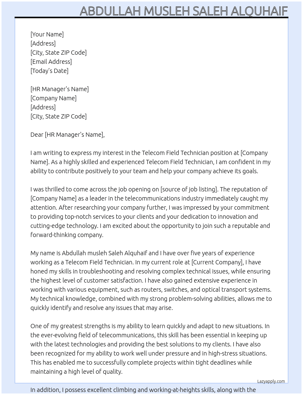 Telecom Field Technician  At Confidential not known Cover Letter
