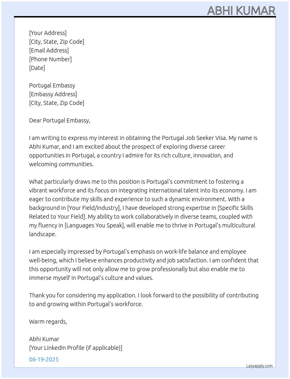 Portugal Job seeker visa At Portugal  Cover Letter