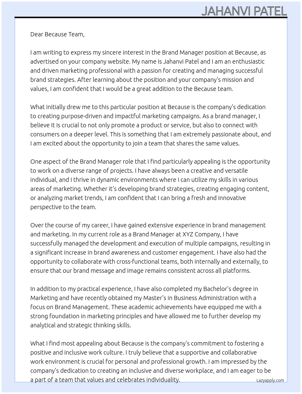 Brand Manager At Because Cover Letter