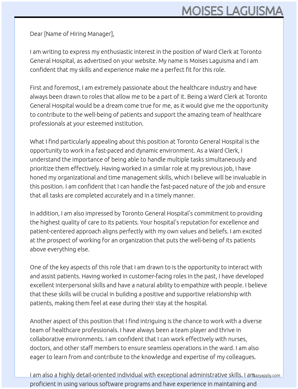 Ward Clerk At Toronto General Hospital Cover Letter