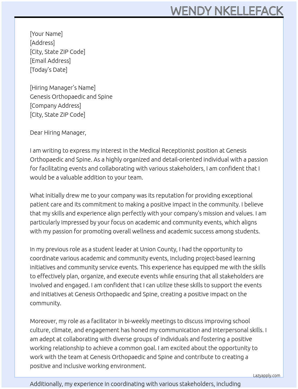 Medical receptionist  At Genesis Orthopaedic and Spine Cover Letter
