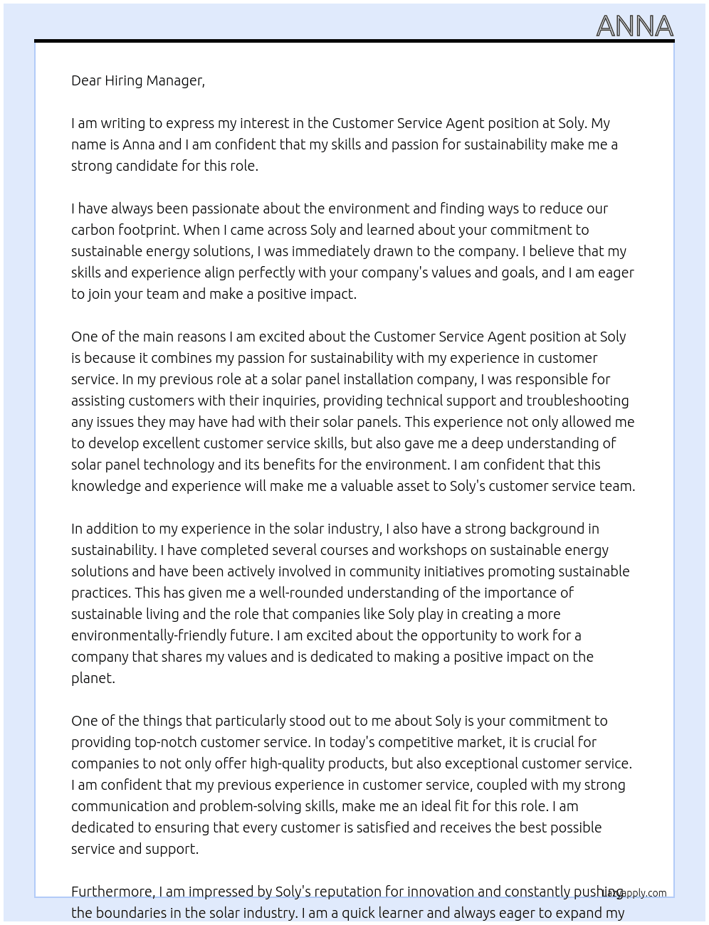 Applying for Customer Service Agent  At Soly Cover Letter