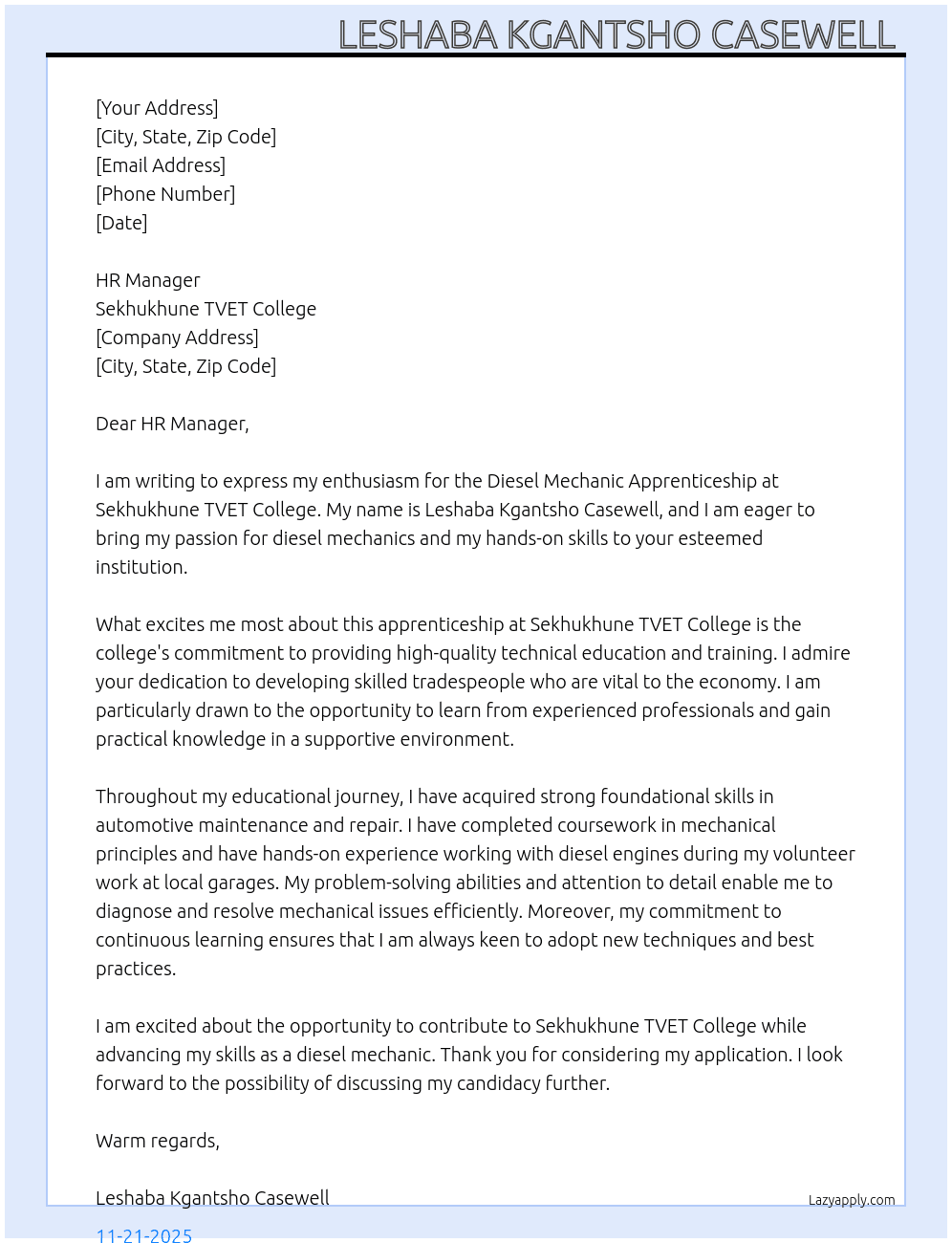 Diesel mechanic apprenticeship  At Sekhukhune tvet college Cover Letter