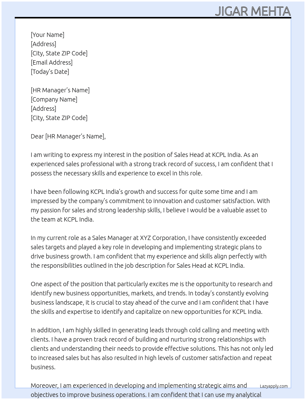 Sales Head At KCPL INDIA Cover Letter