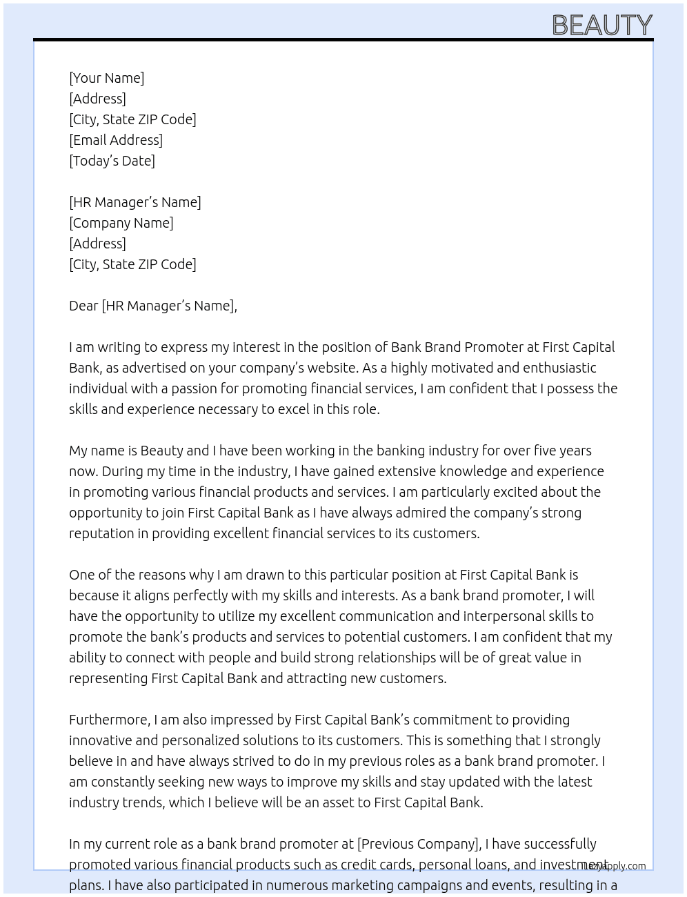 Bank brand.promoter At First capital Bank Cover Letter