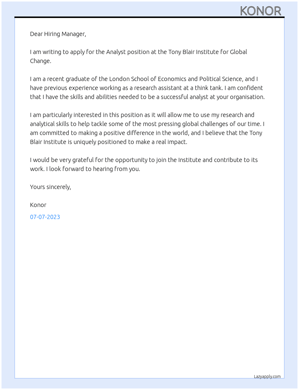 Analyst At Tony Blair Institute for Global Change Cover Letter