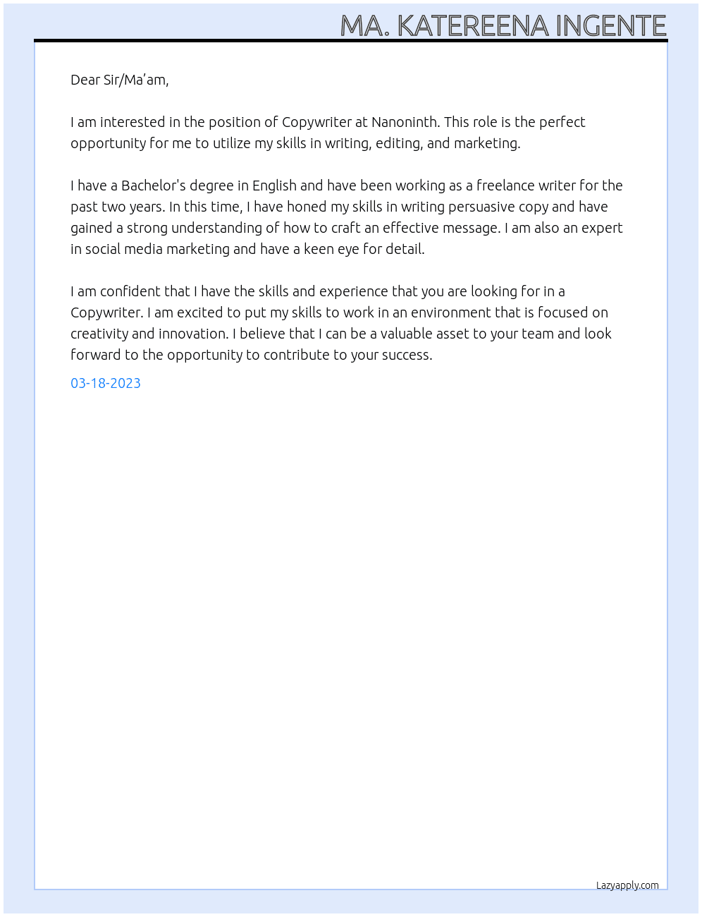 Copywriter  At Nanoninth Cover Letter
