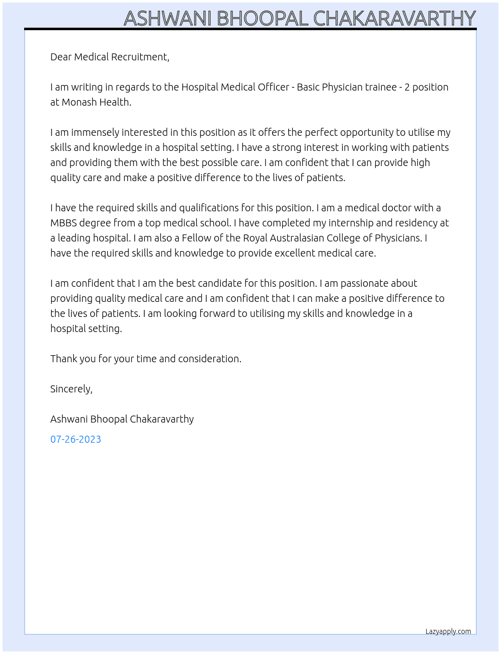 Hospital Medical Officer - Basic Physician trainee - 2 ` At Monash Health  Cover Letter