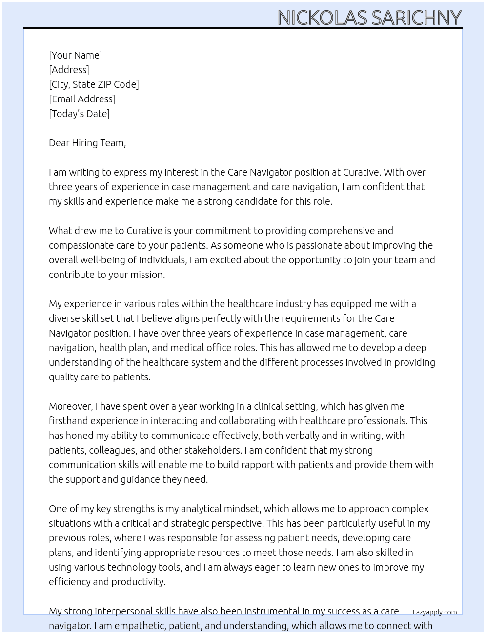 Care Navigator At Curative Cover Letter
