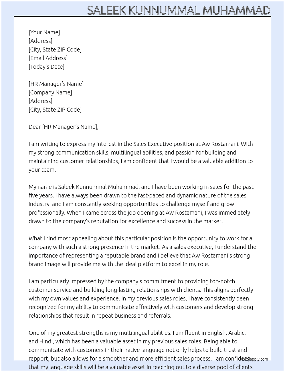 Sales executive  At Aw rostamani  Cover Letter