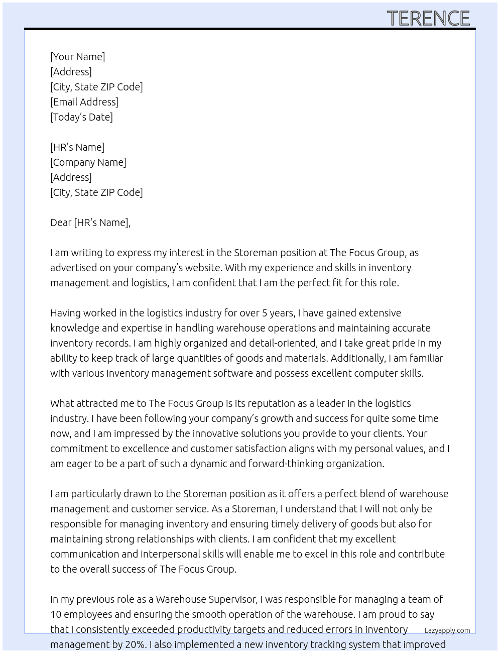Storeman  At The Focus Group  Cover Letter