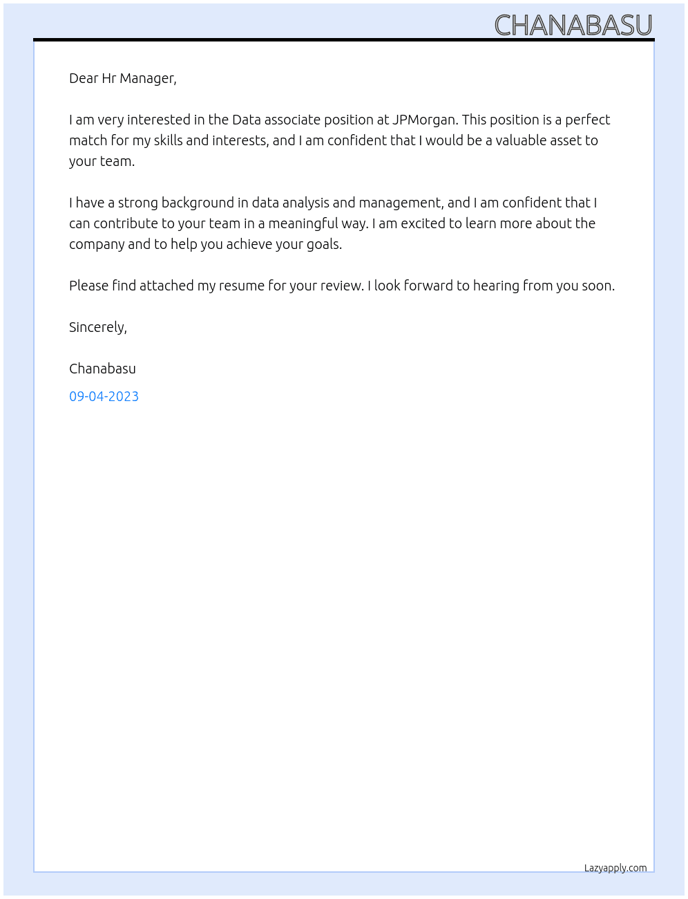Data associate At JPMorgan Cover Letter
