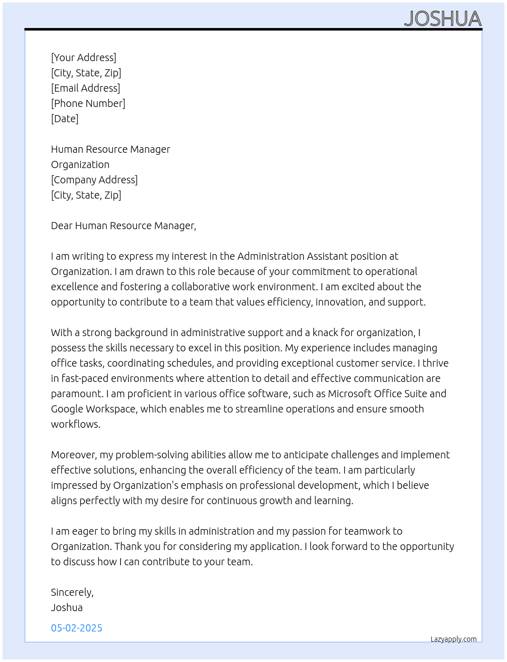 Administration Assistant At Organization Cover Letter