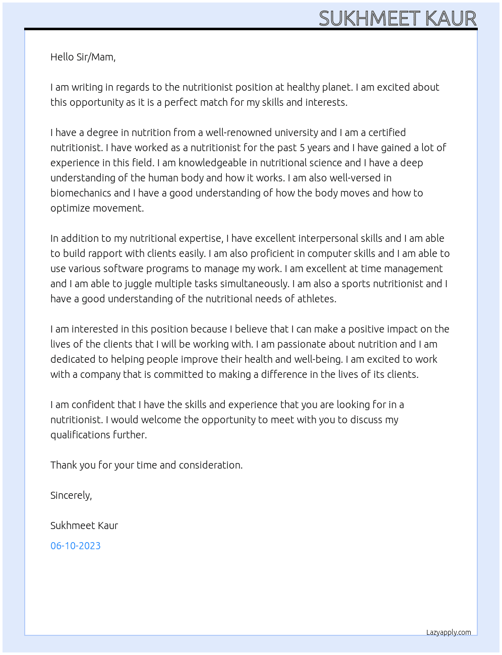 nutritionist At healthy Planet Cover Letter