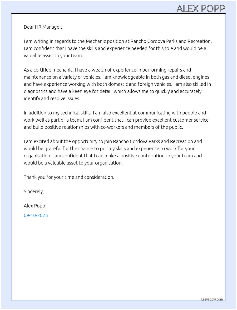 mechanic At rancho cordova parks and recreation  Cover Letter