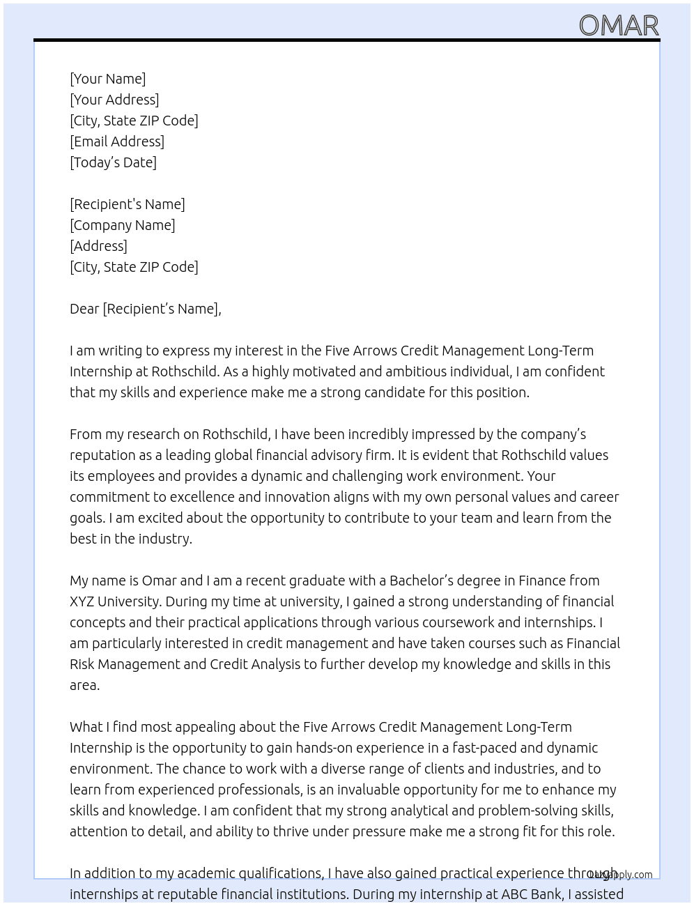 Five Arrows Credit Management Long-Term Internship At Rothschild Cover Letter