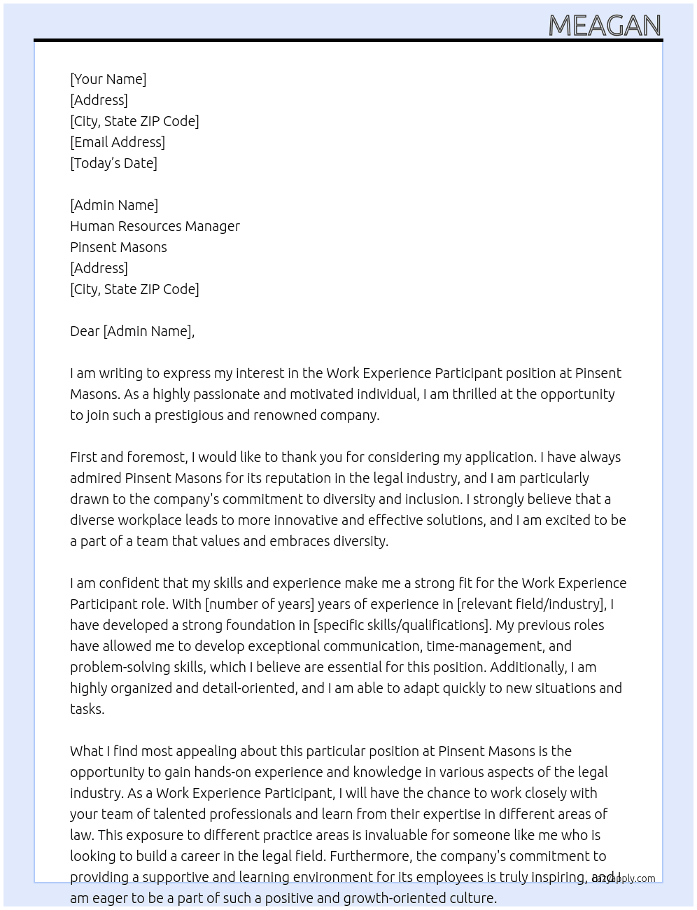 Work Experience Participant At Pinsent Masons Cover Letter