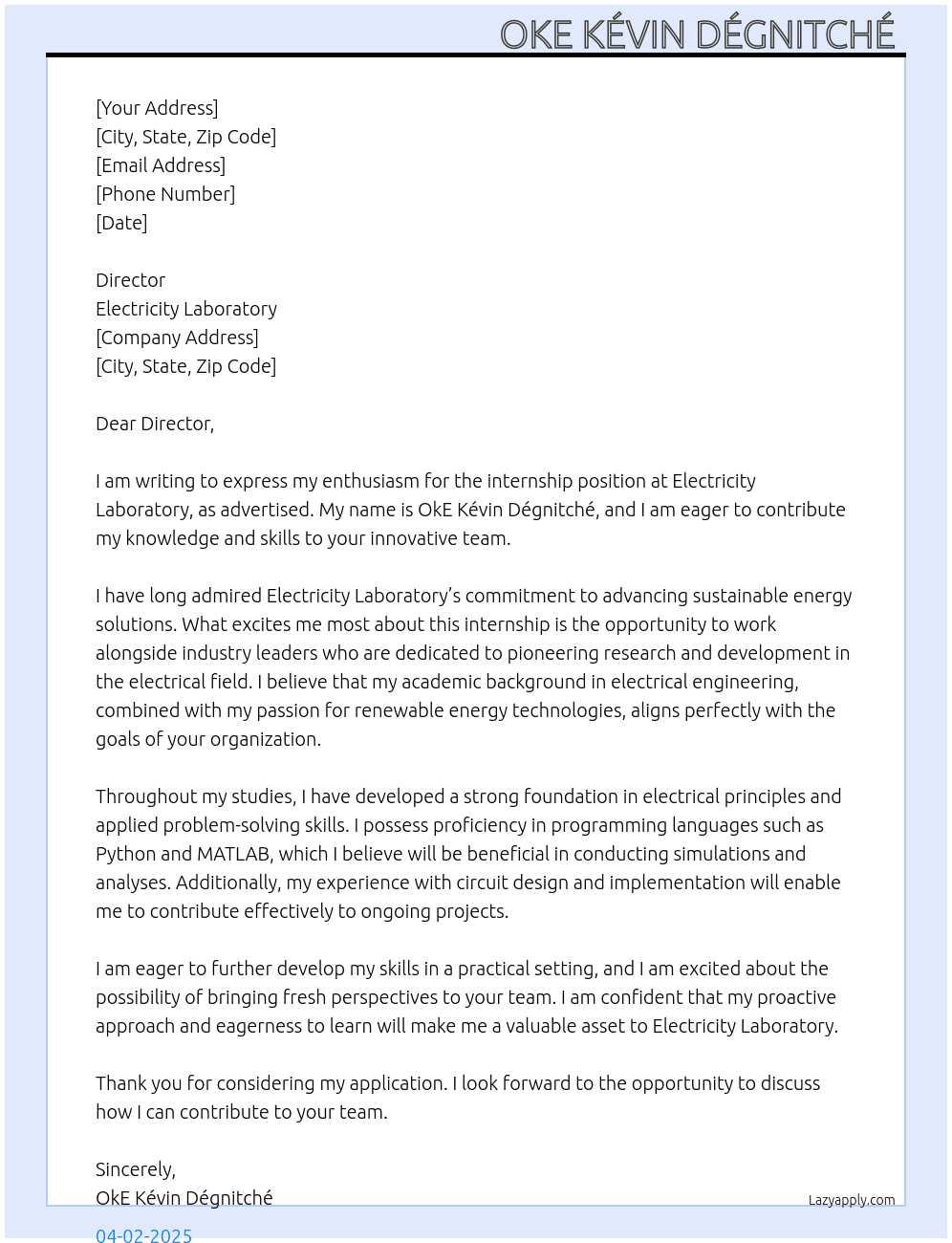 internship in a company At Electricity laboratory  Cover Letter