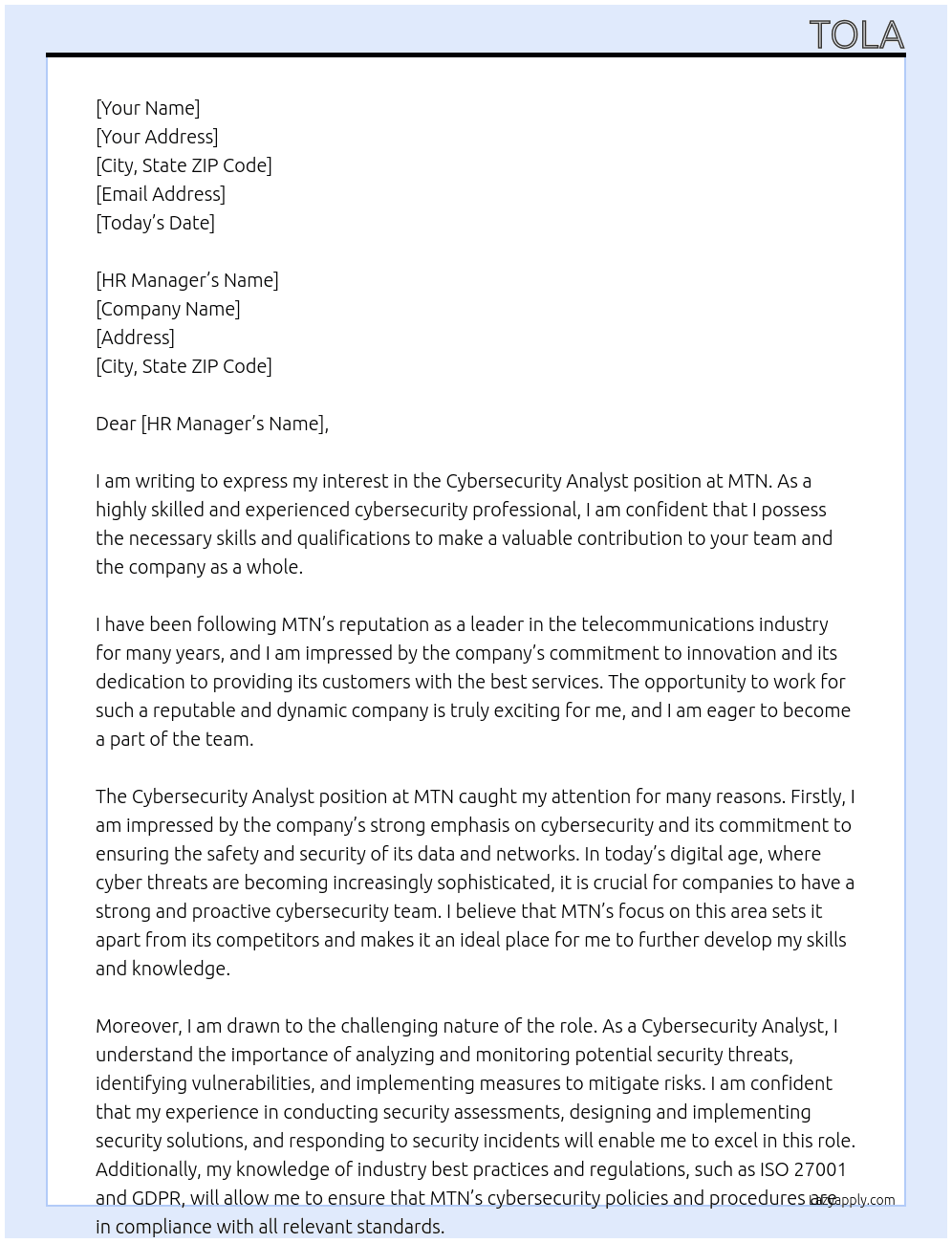 Cybersecurity Analyst  At Mtn Cover Letter