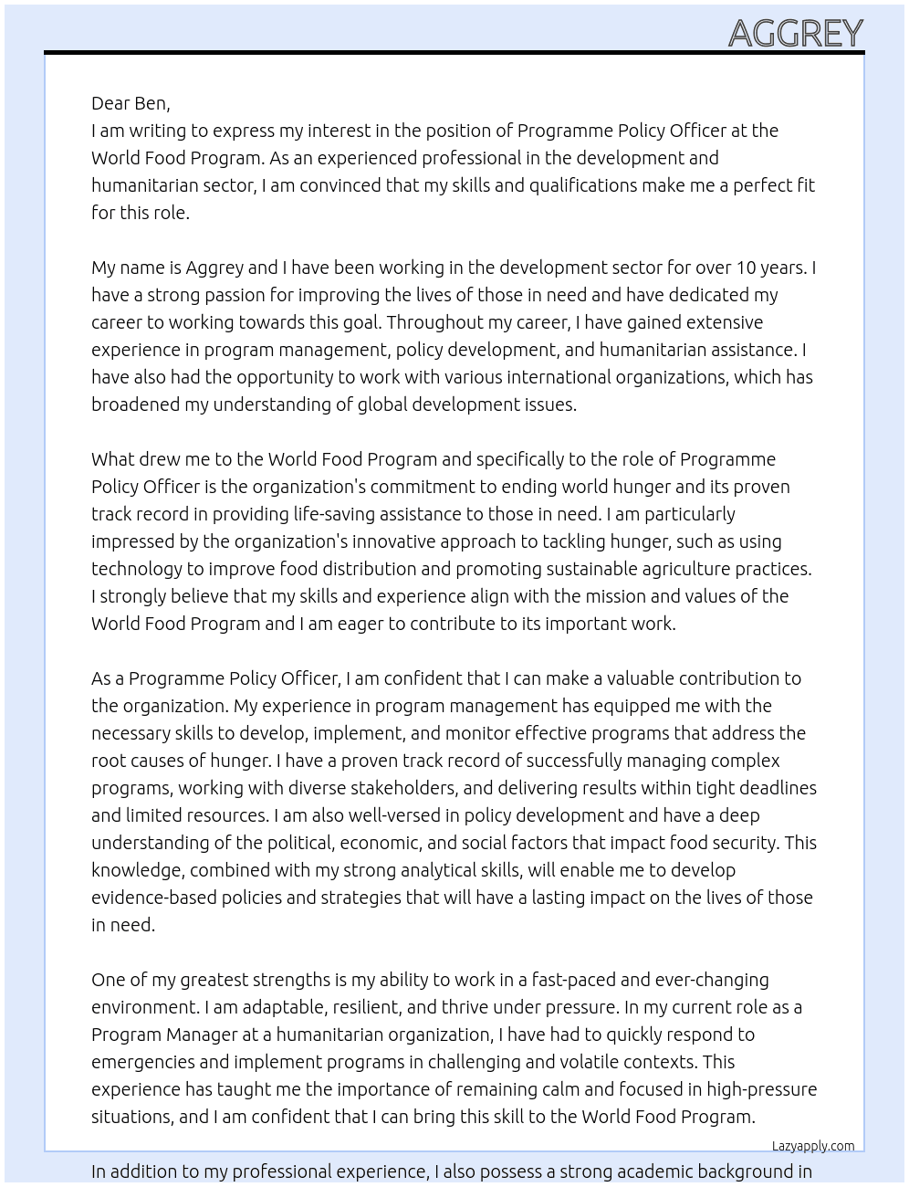 Programme Policy Officer At world food program  Cover Letter