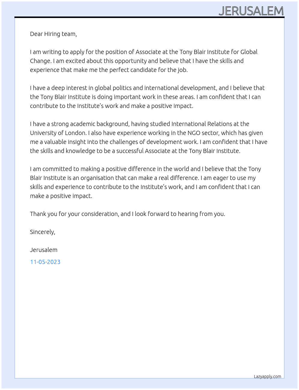 Associate  At Tony Blair Institute for Global Change Cover Letter