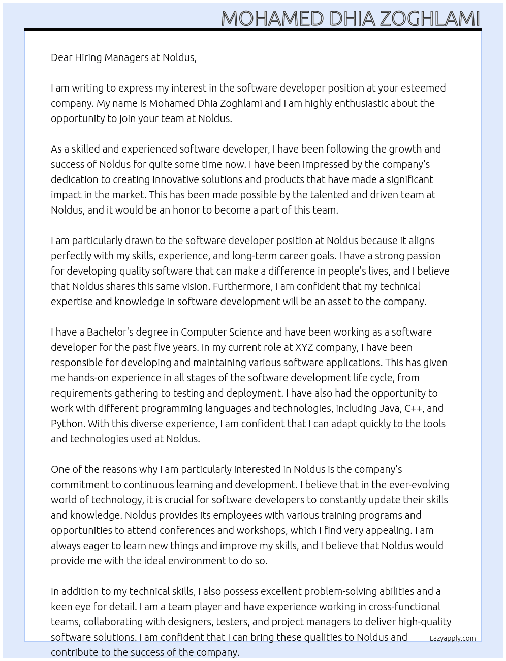 software developer At Noldus Cover Letter