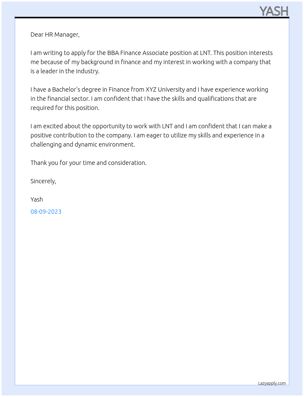 BBA Finance Associate At LNT Cover Letter
